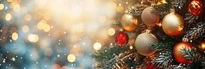 Fototapeta premium Close-up of a beautifully decorated Christmas tree with baubles, sparkling lights, and a warm festive atmosphere