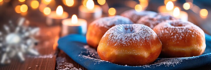 Delicious sufganiyot donuts sprinkled with powdered sugar on a blue napkin, surrounded by Hanukkah candles in the background - Powered by Adobe