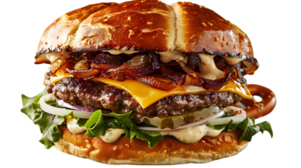  A juicy double-patty burger with melted cheddar, caramelized onions, and garlic aioli in a pretzel, transparent background