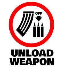 Magazine off weapon sign. No loaded weapons allowed. Magazines forbidden. Loaded weapons forbidden red circle sign.