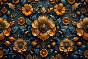 The texture of the bas-relief, Golden flowers on a black background, Artistic printing with a golden texture. Oil painting by hand. Oil on canvas, brush strokes. Contemporary art. Prints, wallpapers, 