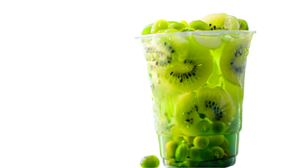  A kiwi-flavored bubble tea with vibrant kiwi cubes, green jellies, and tapioca pearls in a clear cup,, transparent background