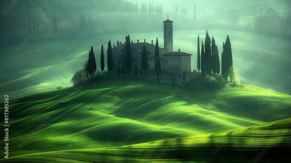 Poster a green landscape featuring a building atop a hill, surrounded by trees in the foreground and a hazy