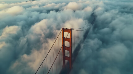 Aerial shot of the Golden Gate Bridge enveloped in morning fog