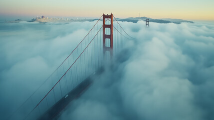 Aerial shot of the Golden Gate Bridge enveloped in morning fog