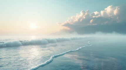 A misty beach at dawn with trees silhouetted against the sky. The horizon blends into the fluid water, creating a serene natural landscape AIG50