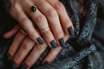 Close-up of hands with black matte nails, gold rings, and dark patterned fabric, elegant and stylish manicure concept, luxurious and artistic design, modern beauty, copy space


