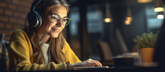woman in glasses studying and writing at home at night