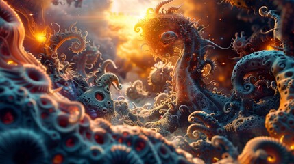 Detailed Science Fiction Illustration Featuring Alien Landscape at Sunset
