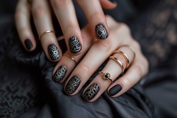 Hands with black matte nail polish and intricate designs on ring fingers, wearing multiple gold rings. Close-up shot. Fashion and beauty concept for design and print.