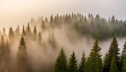 a forest filled with lots of tall pine trees covered in fog and smoggy clouds in the distance is a...