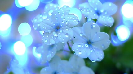   A close-up of flowers with water droplets on petals against a green leaf backdrop