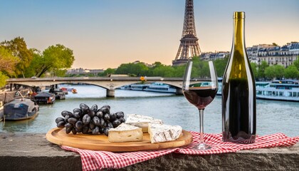 luxury picnic in paris with a cheese plateau and wine by the seine generative ai