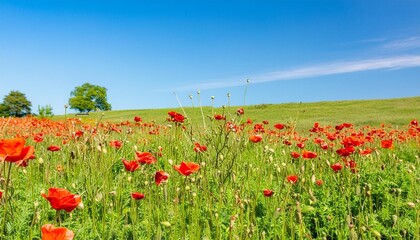 meadow with red poppies blue sky in the background