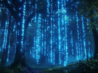 Obraz premium Magical Forest with Glowing Blue Digital Lights at Night
