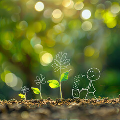 line figure -  watering a plant