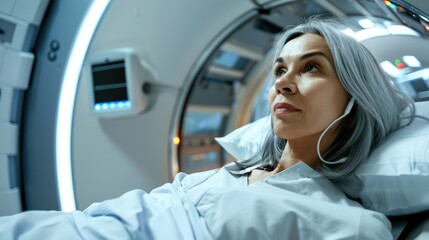 A woman is currently receiving radiation therapy for cancer being cared for by a dedicated team of professional doctors in a state of the art medical facility equipped with a linear acceler
