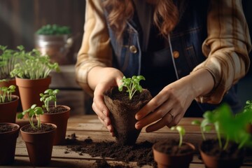 A woman plants a seed in a peat pot filled with soil or black soil. Planting or transplanting flowers, plants or vegetables, on the background of a wooden table - Powered by Adobe