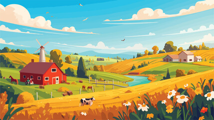 Summer warm weather farm coutryside landscape with