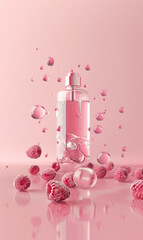Bottle of cosmetics high end poster background light pink gradient colour background, raspberries, c4d render hd 12k 
