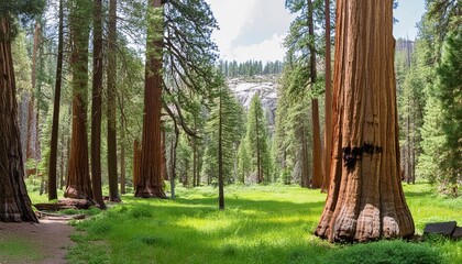 ponderosa pine and incense cedar trees in a lush green forest in yosemite national park