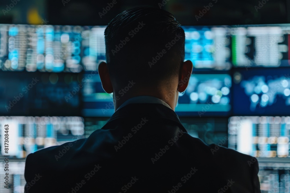 Fototapete a man in a suit seen from behind stares at financial data across multiple monitors in a dark room
