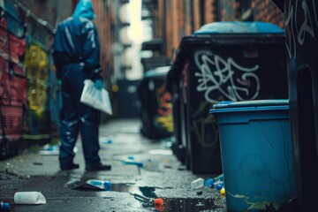 An alleyway scene featuring a person in protective gear disposing of garbage next to graffiti walls - Powered by Adobe