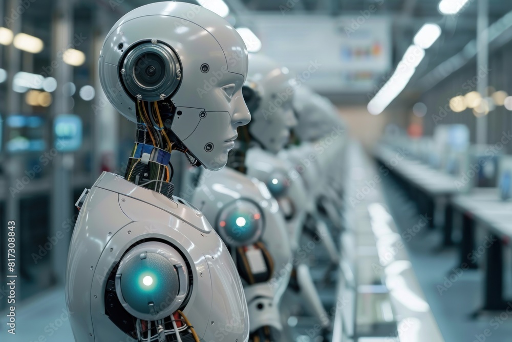 Poster a row of robots are standing in a factory