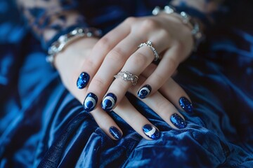 Elegant Blue Nail Art with Silver Rings on Blue Velvet, Stylish and Sophisticated, Perfect for Fashion and Beauty Photography