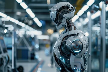Fototapeta premium A robot is standing in a factory. The robot is white and has a blue face