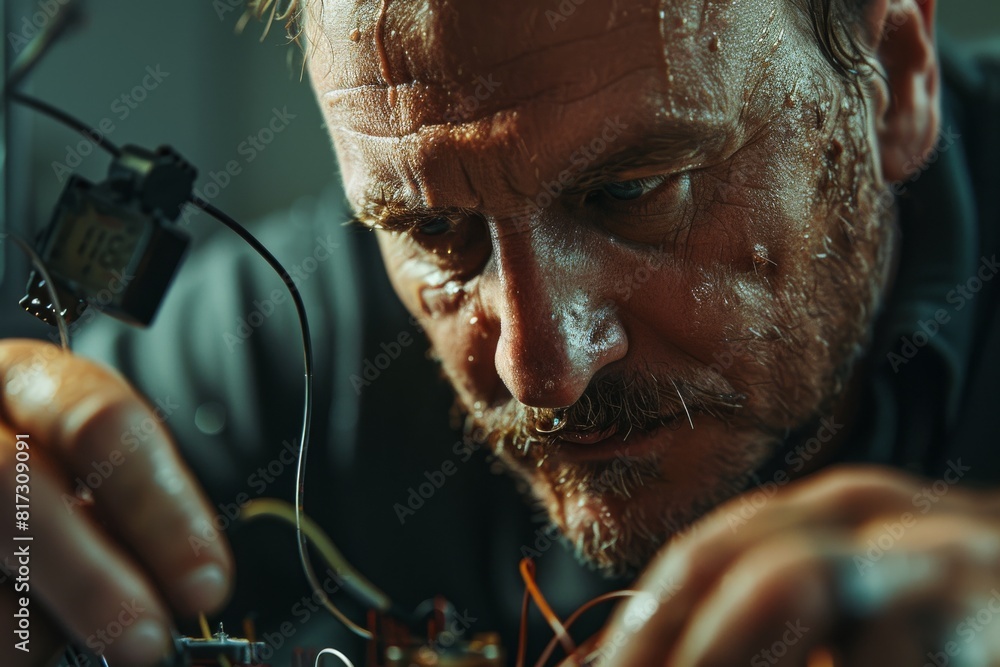Poster a focused individual is soldering or examining electronic components on a circuit board, detail is o