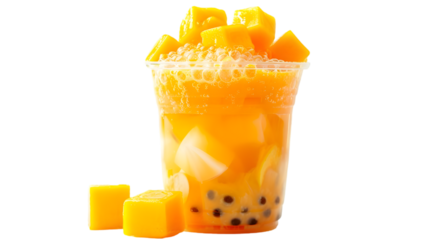  A mango-flavored bubble tea with bright mango cubes and tapioca pearls in an ultra-clear cup, perfectly, transparent background