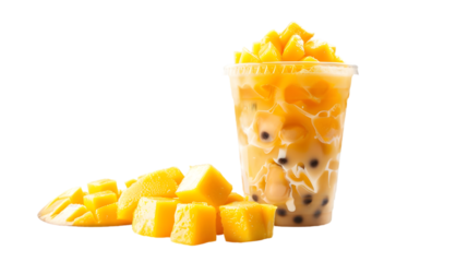 A mango-flavored bubble tea with bright mango cubes and tapioca pearls in an ultra-clear cup, perfectly, transparent background