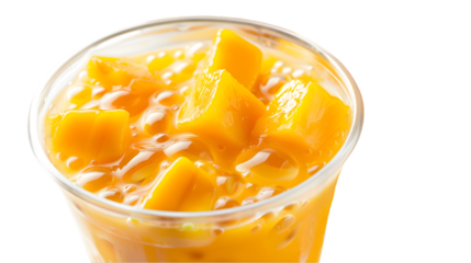  A mango-flavored bubble tea with bright mango cubes and tapioca pearls in an ultra-clear cup, perfectly, transparent background