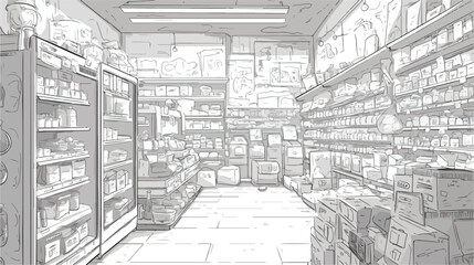 Supermarket interior hand drawn black and white ill