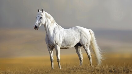 Obraz na płótnie Canvas Beautiful gracious white horse standing in the field