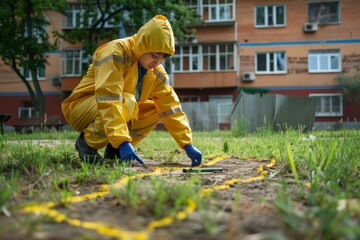 A person in a protective hazmat suit is crouched down, inspecting or sampling the ground in an urban area