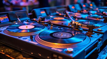 Obraz premium Neon Rhythms: DJ Mixer Shining Bright in Vibrant Club Lights