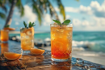 Various delicious cocktails on the bar counter against the background of palm trees