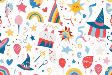 Colorful elements like cats, suns, rainbows, hats, stars, and balloons on a white background