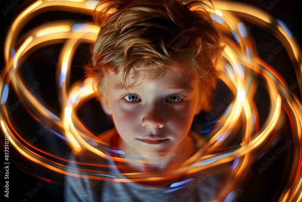 Poster Person surrounded by dynamic orange and red light trails creating a vibrant atmosphere