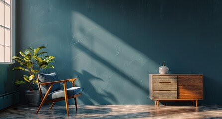 Empty Room With Blue Walls and Wooden Chair