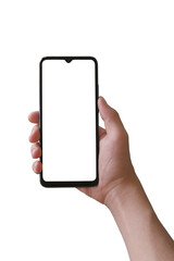 A teenage hand holding a phone. PNG mockup of phone with white screen on transparent background. There is a work path in the file.