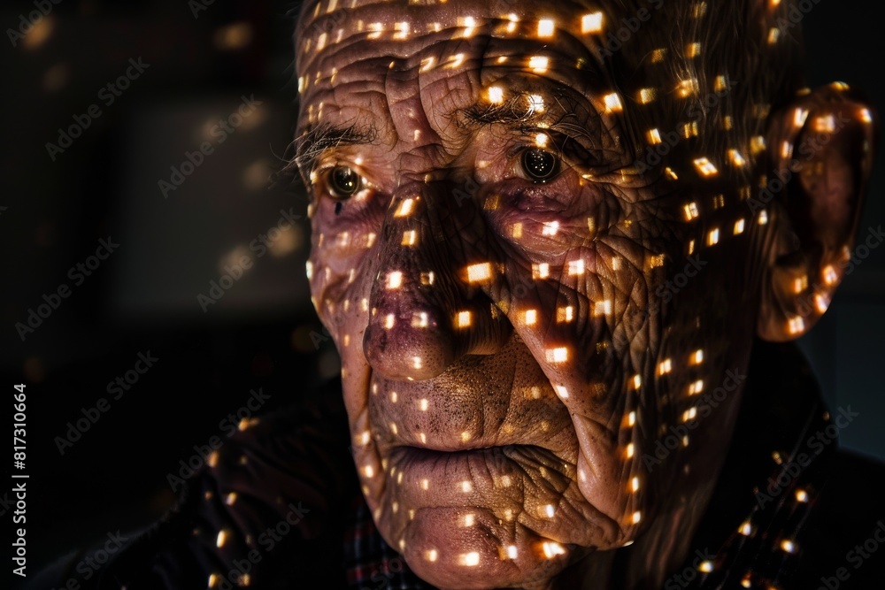 Poster Senior man's face partially illuminated with geometric shadows, creating an artistic and contemplative portrait
