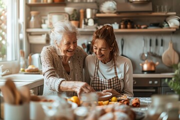 A warm, heartfelt scene of two family members cooking together in a cozy kitchen setting, symbolizing togetherness