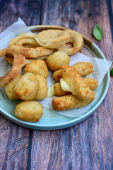 Selection of fast food snack. italian cheese breaded Mozzarella Sticks, Jalapeno Cheese nuggets, Onion Rings and mayo sauce.Italian street junk food