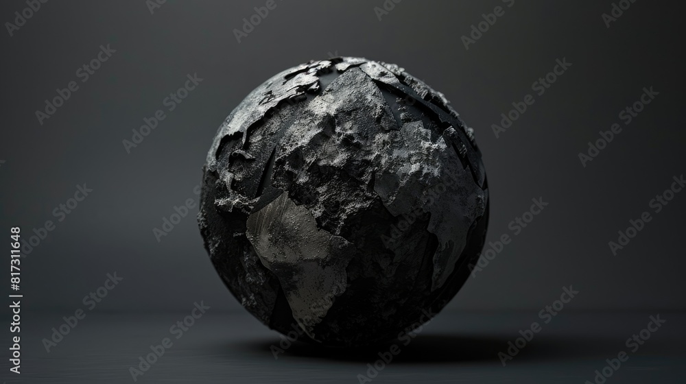 Poster a dynamic 3d rendering showcases an abstract black and white earth model crafted from rugged metal m