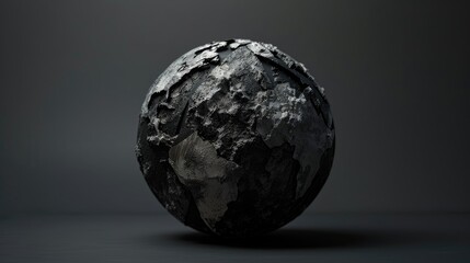 A dynamic 3D rendering showcases an abstract black and white Earth model crafted from rugged metal material complete with textured mountains on a dark grey backdrop