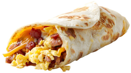 A mouthwatering breakfast burrito filled with chorizo, scrambled eggs, and melted cheese, elegantly, transparent background