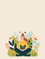 Fototapeta premium woman in harmony with nature and green plants flat illustration copy space top. Ecology and environment concept. Green energy. Earth planet.